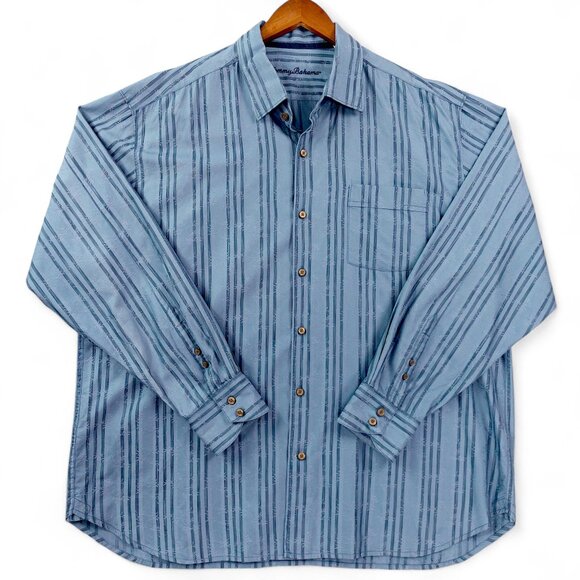 Tommy Bahama Shirt Mens XXL Blue Striped Palm Bamboo Jacquard Long Sleeve Casual - Picture 1 of 10